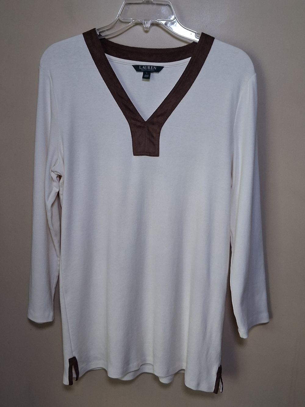 Lauren Ralph Lauren Women’s Ivory Tunic W/Suede-like Brown Trim; Size L